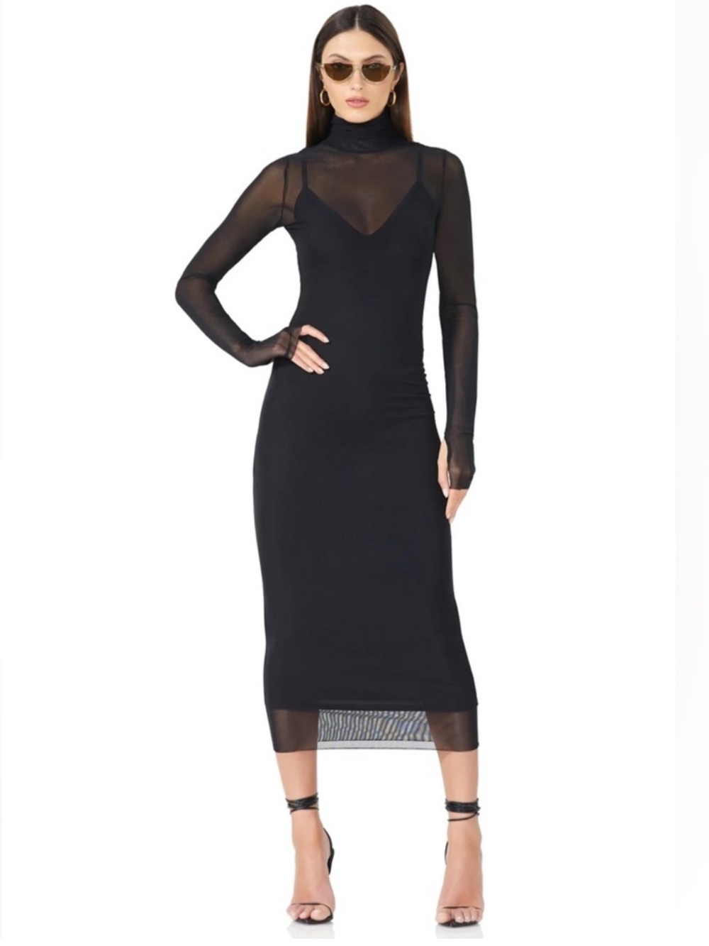 AFRM Marni Black Mock Neck Long Sleeve Mesh Midi Womens Dress Size X-Large NWT